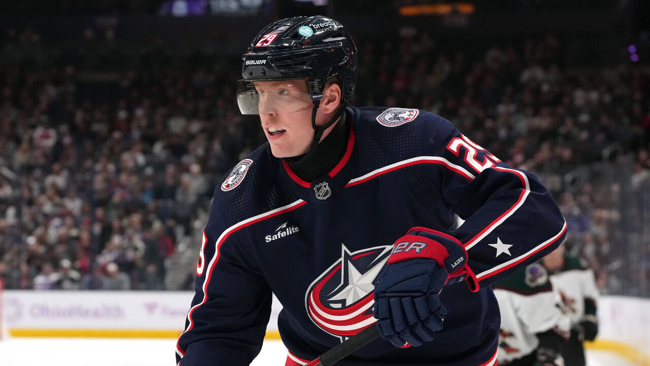 COLUMBUS, OHIO - NOVEMBER 16: Patrik Laine #29 of the Columbus Blue Jackets skates during the first period against the Arizona Coyotes at Nationwide Arena on November 16, 2023 in Columbus, Ohio.