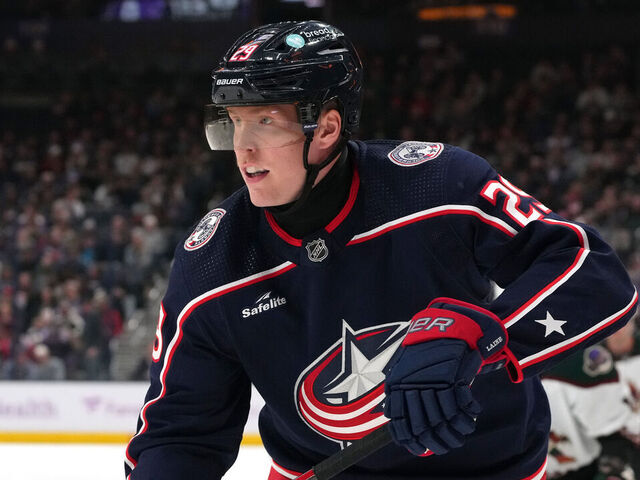 COLUMBUS, OHIO - NOVEMBER 16: Patrik Laine #29 of the Columbus Blue Jackets skates during the first period against the Arizona Coyotes at Nationwide Arena on November 16, 2023 in Columbus, Ohio.
