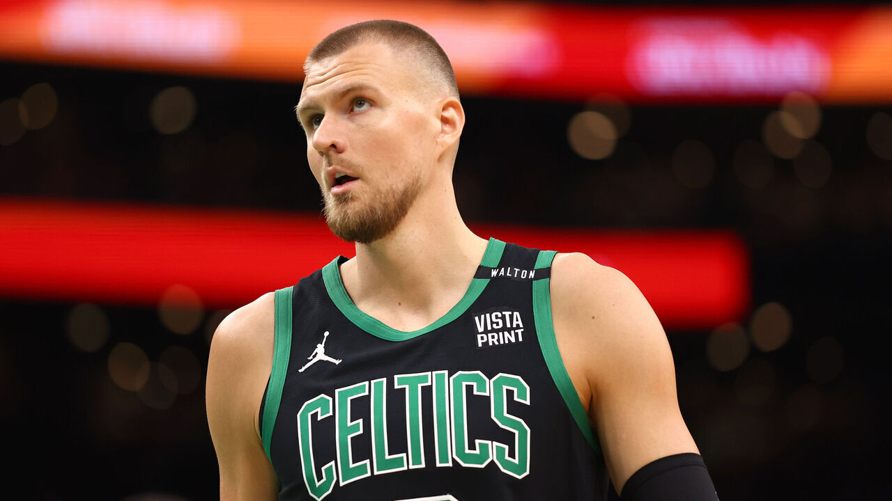 BOSTON, MASSACHUSETTS - JUNE 09: Kristaps Porzingis #8 of the Boston Celtics looks on during the first quarter against the Dallas Mavericks in Game Two of the 2024 NBA Finals at TD Garden on June 09, 2024 in Boston, Massachusetts.