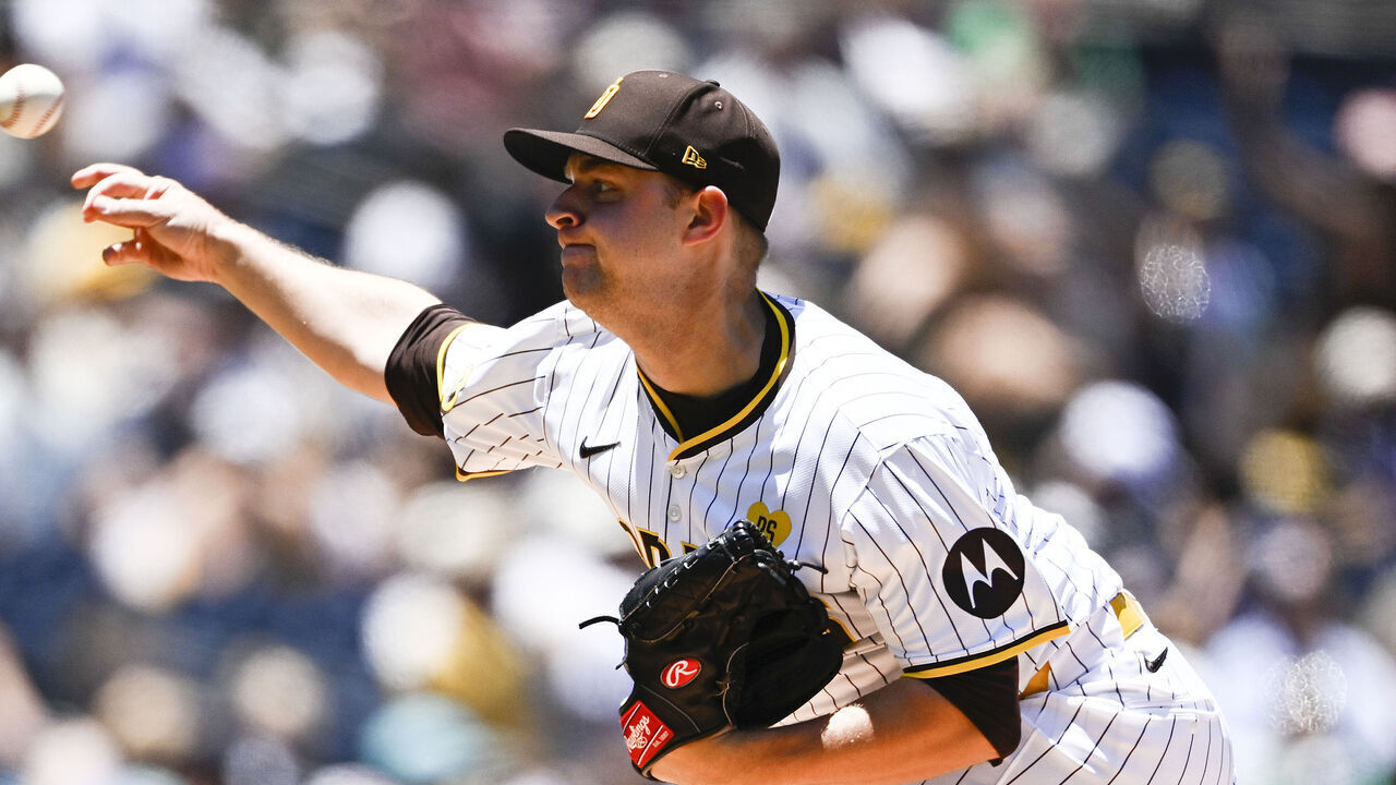SAN DIEGO, CA - JUNE 12: Michael King #34 of the San Diego Padres pitches during the first inning of a baseball game against the Oakland Athletics at Petco Park on June 12, 2024 in San Diego, California.