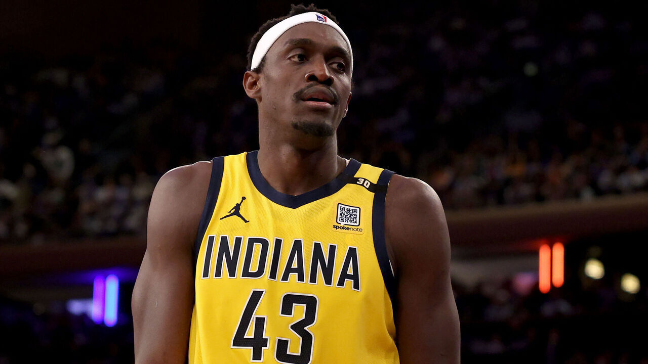 NEW YORK, NEW YORK - MAY 19: Pascal Siakam #43 of the Indiana Pacers reacts in the fourth quarter against the New York Knicks in Game Seven of the Eastern Conference Second Round Playoffs at Madison Square Garden on May 19, 2024 in New York City.
