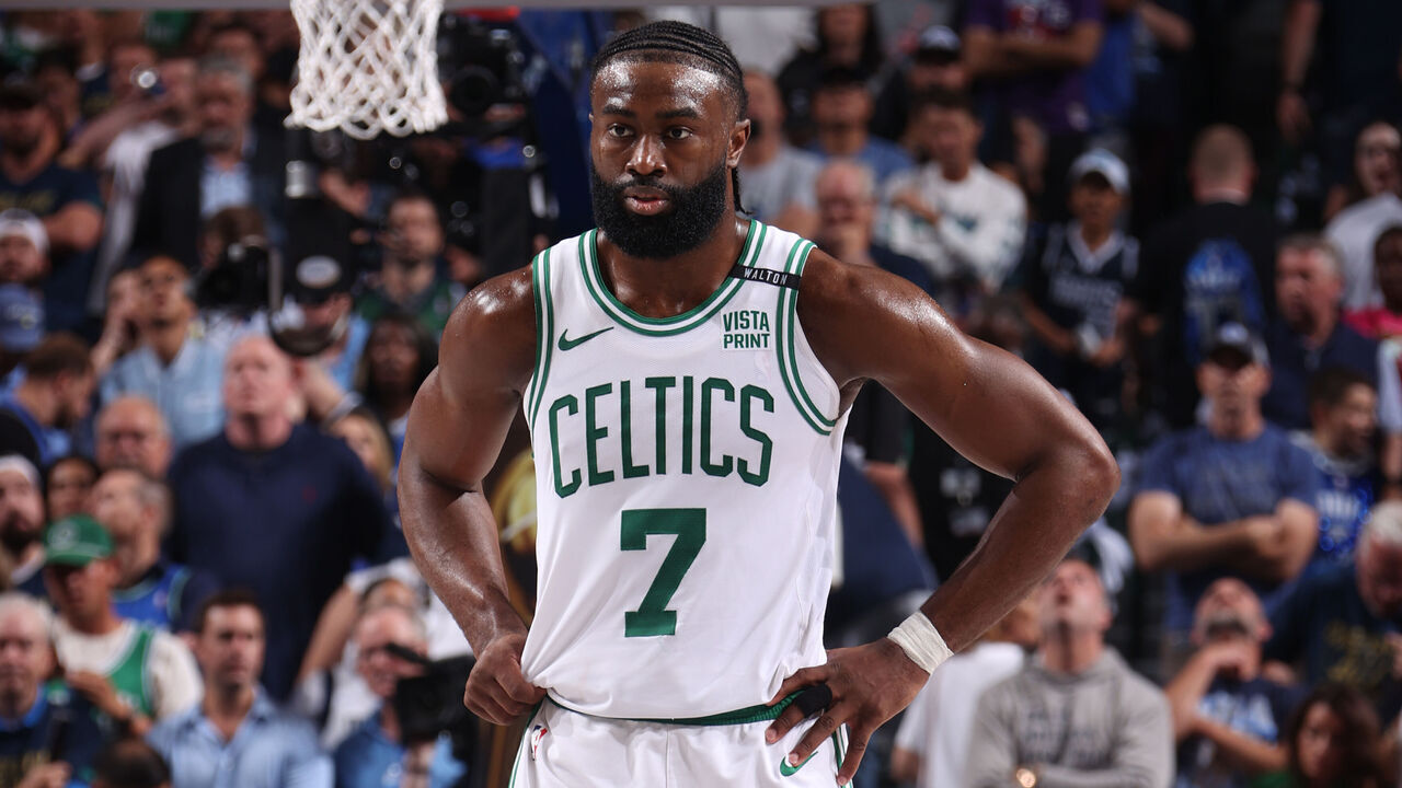 DALLAS, TX - JUNE 12: Jaylen Brown #7 of the Boston Celtics looks on during the game against the Dallas Mavericks during Game 3 of the 2024 NBA Finals on June 12, 2024 at the American Airlines Center in Dallas, Texas. Mandatory Copyright Notice: Copyright 2024 NBAE