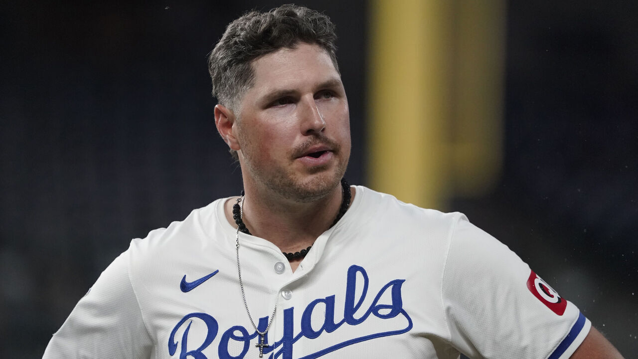KANSAS CITY, MISSOURI - MAY 06: Hunter Renfroe #16 of the Kansas City Royals in action against the Milwaukee Brewers at Kauffman Stadium on May 06, 2024 in Kansas City, Missouri.