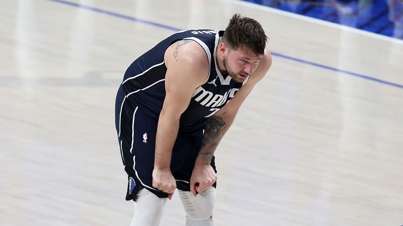 DALLAS, TEXAS - JUNE 12: Luka Dončić #77 of the Dallas Mavericks looks on in the fourth quarter against the Boston Celtics in Game Three of the 2024 NBA Finals at American Airlines Center on June 12, 2024 in Dallas, Texas.