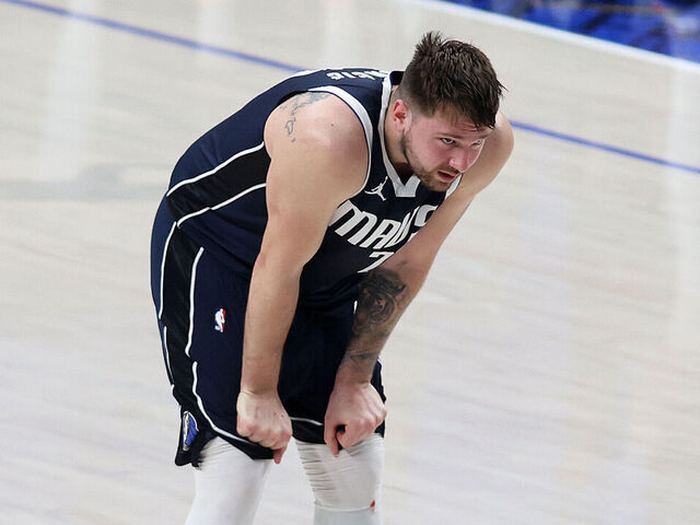 DALLAS, TEXAS - JUNE 12: Luka Dončić #77 of the Dallas Mavericks looks on in the fourth quarter against the Boston Celtics in Game Three of the 2024 NBA Finals at American Airlines Center on June 12, 2024 in Dallas, Texas.