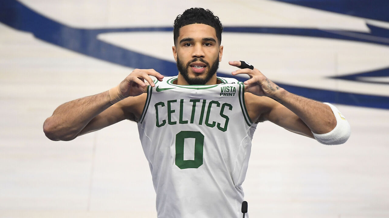 DALLAS, TX - JUNE 12: Jayson Tatum #0 of the Boston Celtics looks on before the game against the Dallas Mavericks during Game 3 of the 2024 NBA Finals on June 12, 2024 at the American Airlines Center in Dallas, Texas. Mandatory Copyright Notice: Copyright 2024 NBAE
