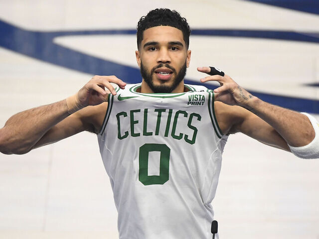 DALLAS, TX - JUNE 12: Jayson Tatum #0 of the Boston Celtics looks on before the game against the Dallas Mavericks during Game 3 of the 2024 NBA Finals on June 12, 2024 at the American Airlines Center in Dallas, Texas. Mandatory Copyright Notice: Copyright 2024 NBAE