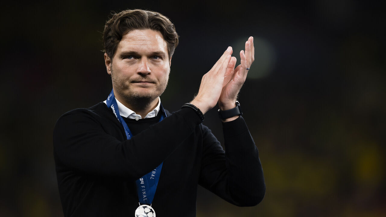 WEMBLEY STADIUM, LONDON, UNITED KINGDOM - 2024/06/01: Edin Terzic, head coach of Borussia Dortmund, gestures during the award ceremony following the UEFA Champions League final football match between Borussia Dortmund and Real Madrid CF. Real Madrid CF won 2-0 over Borussia Dortmund.