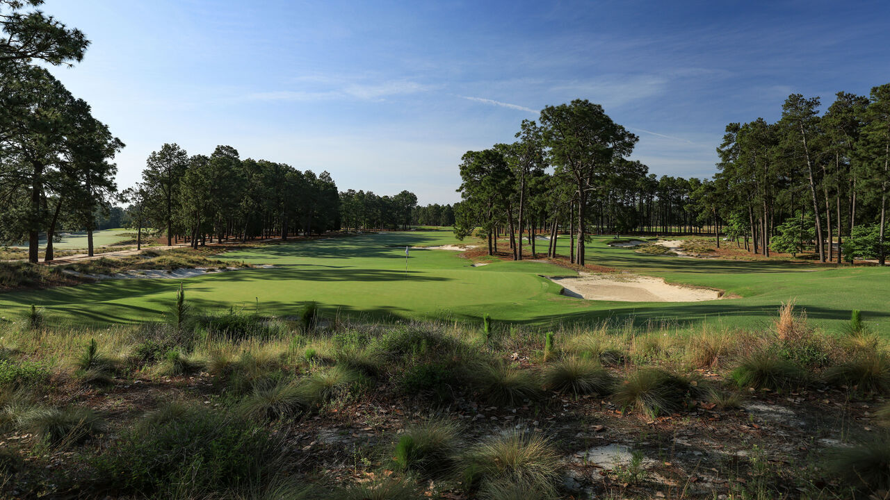 PINEHURST, NORTH CAROLINA - MAY 13: A view from behind the green on the par 5, 16th hole (L) with the par 3, 17th hole (R) on the Pinehurst No.2 Course which will be the host course for the 2024 US Open Championship at The Pinehurst Resort on May 13, 2023 in Pinehurst, North Carolina.