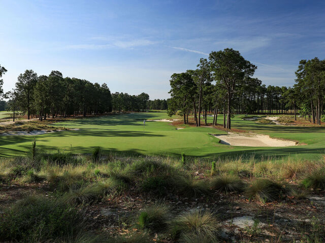 PINEHURST, NORTH CAROLINA - MAY 13: A view from behind the green on the par 5, 16th hole (L) with the par 3, 17th hole (R) on the Pinehurst No.2 Course which will be the host course for the 2024 US Open Championship at The Pinehurst Resort on May 13, 2023 in Pinehurst, North Carolina.