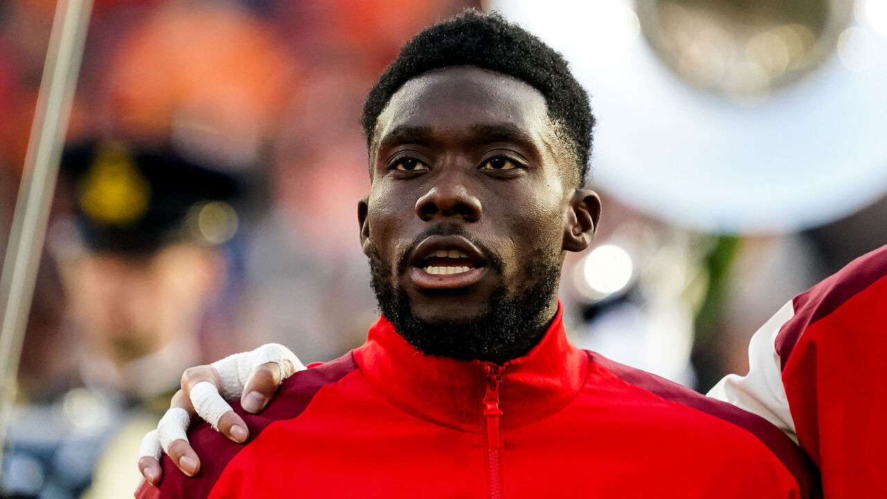 ROTTERDAM, NETHERLANDS - JUNE 6: Alphonso Davies of Canada sings along during the national anthem prior to the international friendly match between Netherlands and Canada at De Kuip on June 6, 2024 in Rotterdam, Netherlands.