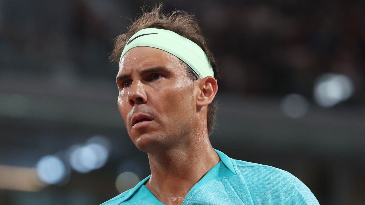 Rafael Nadal of Spain reacts while competing against Alexander Zverev of Germany during the men's singles 1st round match at the French Open tennis tournament at Roland Garros, Paris, France, May 27, 2024.