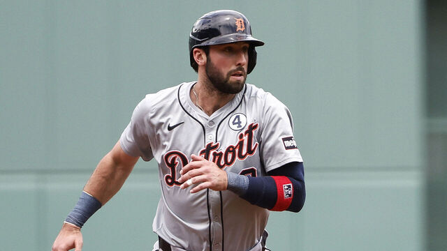 BOSTON, MA - JUNE 2: Matt Vierling #8 of the Detroit Tigers on base against the Boston Red Sox during the first inning at Fenway Park on June 2, 2024 in Boston, Massachusetts.
