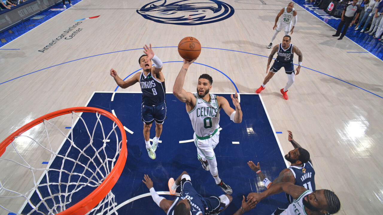DALLAS, TX - JUNE 12: Jayson Tatum #0 of the Boston Celtics drives to the basket during the game against the Dallas Mavericks during Game 3 of the 2024 NBA Finals on June 12, 2024 at the American Airlines Center in Dallas, Texas. Mandatory Copyright Notice: Copyright 2024 NBAE