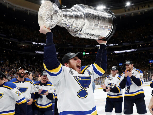 BOSTON, MASSACHUSETTS - JUNE 12: Alexander Steen #20 of the St. Louis Blues hoists the cup after defeating the Boston Bruins 4-1 to win Game Seven of the 2019 NHL Stanley Cup Final at TD Garden on June 12, 2019 in Boston, Massachusetts.