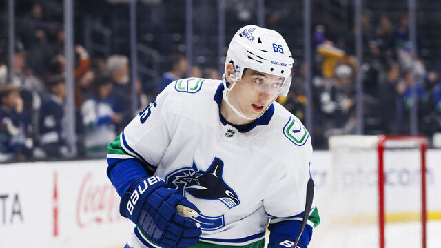 LOS ANGELES, CA - APRIL 06: Vancouver Canucks right wing Ilya Mikheyev (65) during the Vancouver Canucks game versus the Los Angeles Kings on April 6, 2024, at Crypto.com Arena in Los Angeles, CA.
