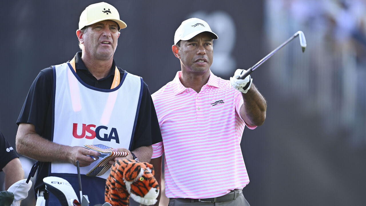 PINEHURST, NORTH CAROLINA - JUNE 13: Tiger Woods at the 12th tee during the first round of 124th U.S. Open Championship at Pinehurst No. 2 at Pinehurst Resort on June 13, 2024 in Pinehurst, North Carolina.