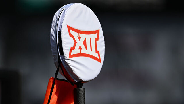 CINCINNATI, OH - OCTOBER 14: The Big 12 logo on the side of a yard marker during a college football game between the Iowa State Cyclones and Cincinnati Bearcats on October 14, 2023 at Nippert Stadium in Cincinnati, OH.