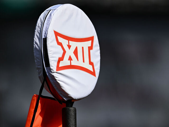 CINCINNATI, OH - OCTOBER 14: The Big 12 logo on the side of a yard marker during a college football game between the Iowa State Cyclones and Cincinnati Bearcats on October 14, 2023 at Nippert Stadium in Cincinnati, OH.