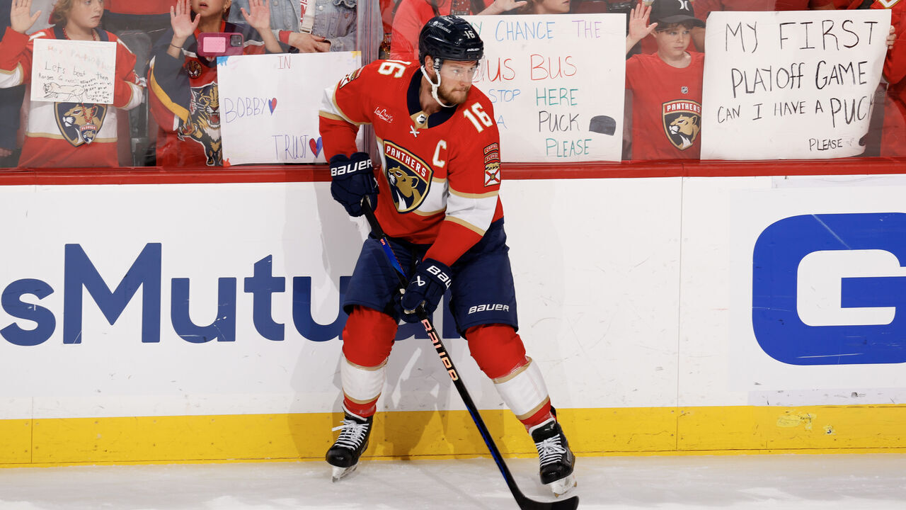 SUNRISE, FLORIDA - JUNE 01: Aleksander Barkov #16 of the Florida Panthers warms up before Game Six of the Eastern Conference Final of the 2024 Stanley Cup Playoffs against the New York Rangers at Amerant Bank Arena on June 01, 2024 in Sunrise, Florida.