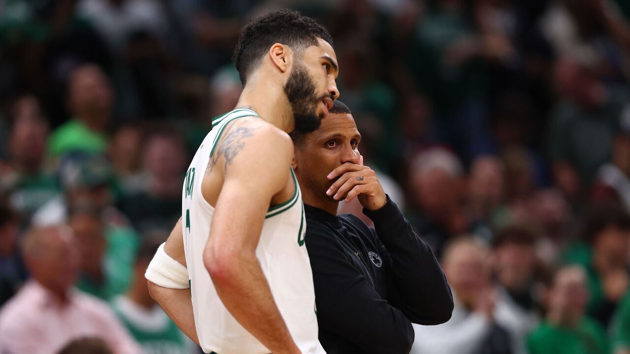 BOSTON, MASSACHUSETTS - JUNE 06: Jayson Tatum #0 talks with Boston Celtics head coach Joe Mazzulla during the fourth quarter against the Dallas Mavericks in Game One of the 2024 NBA Finals at TD Garden on June 06, 2024 in Boston, Massachusetts.