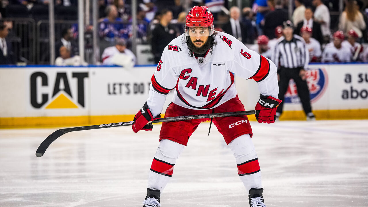 NEW YORK, NEW YORK- MAY 13: Jalen Chatfield #5 of the Carolina Hurricanes looks on during the second period against the New York Rangers in Game Five of the Second Round of the 2024 Stanley Cup Playoffs at Madison Square Garden on May 13, 2024 in New York City.