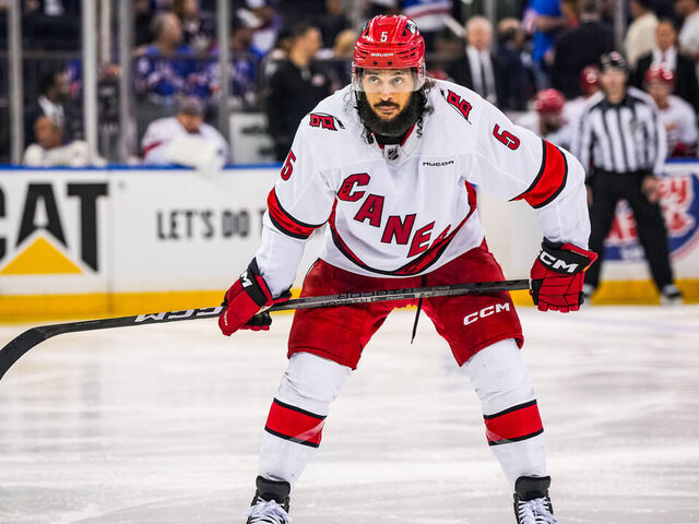 NEW YORK, NEW YORK- MAY 13: Jalen Chatfield #5 of the Carolina Hurricanes looks on during the second period against the New York Rangers in Game Five of the Second Round of the 2024 Stanley Cup Playoffs at Madison Square Garden on May 13, 2024 in New York City.