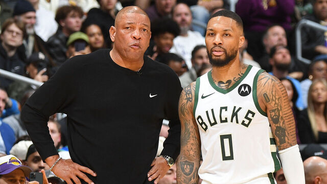 LOS ANGELES, CA - MARCH 8: Head Coach Doc Rivers and Damian Lillard #0 of the Milwaukee Bucks look on during the game against the Los Angeles Lakers on March 8, 2024 at Crypto.Com Arena in Los Angeles, California. NOTE TO USER: User expressly acknowledges and agrees that, by downloading and/or using this Photograph, user is consenting to the terms and conditions of the Getty Images License Agreement. Mandatory Copyright Notice: Copyright 2024 NBAE