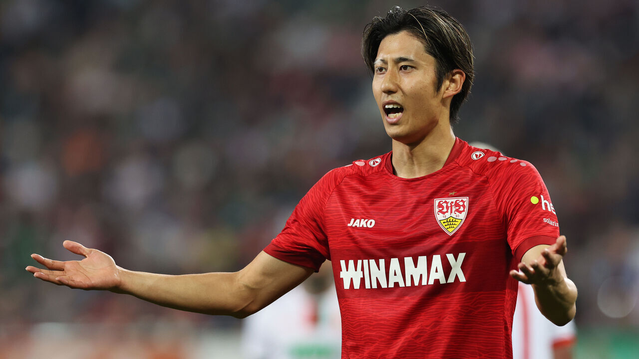 AUGSBURG, GERMANY - MAY 10: Hiroki Ito of VfB Stuttgart reacts during the Bundesliga match between FC Augsburg and VfB Stuttgart at WWK-Arena on May 10, 2024 in Augsburg, Germany.