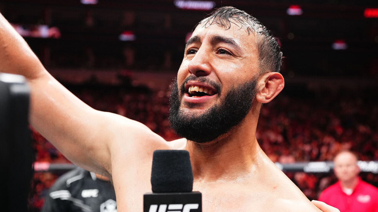 LOUISVILLE, KENTUCKY - JUNE 08: Dominick Reyes reacts after his knockout victory against Dustin Jacoby in a light heavyweight fight during the UFC Fight Night event at KFC YUM! Center on June 08, 2024 in Louisville, Kentucky.