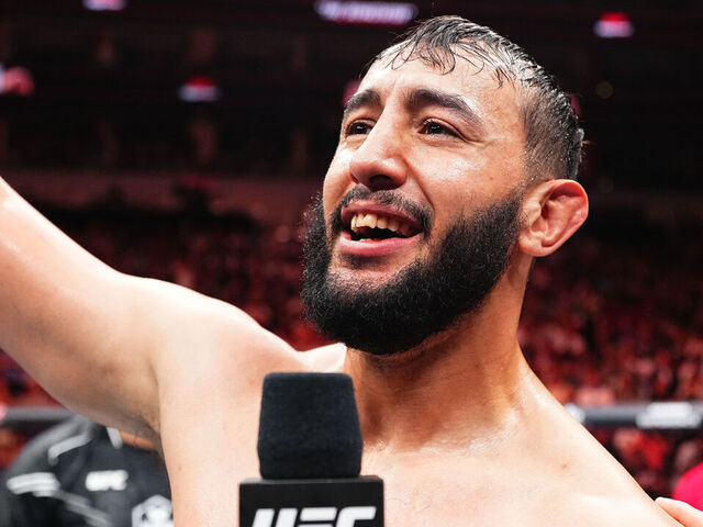 LOUISVILLE, KENTUCKY - JUNE 08: Dominick Reyes reacts after his knockout victory against Dustin Jacoby in a light heavyweight fight during the UFC Fight Night event at KFC YUM! Center on June 08, 2024 in Louisville, Kentucky.