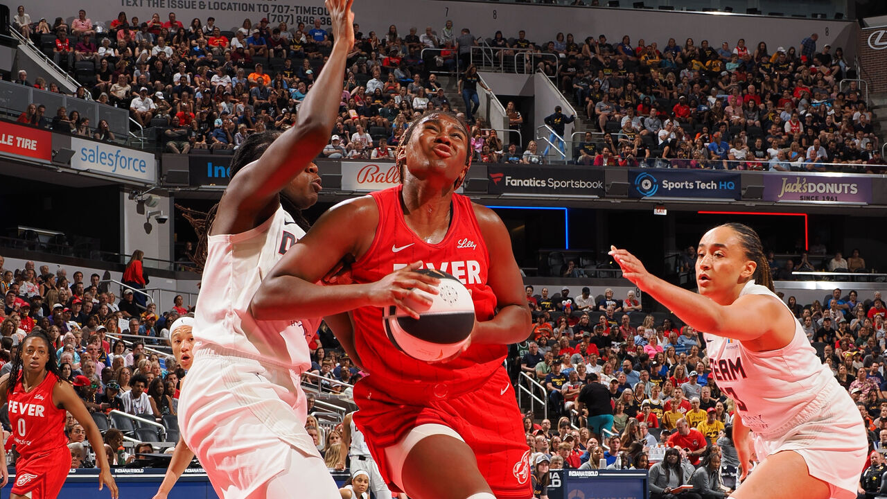 INDIANAPOLIS, IN - JUNE 13: Aliyah Boston #7 of the Indiana Fever drives to the basket during the game against the Atlanta Dream on June 13, 2024 at Gainbridge Fieldhouse in Indianapolis, Indiana. Mandatory Copyright Notice: Copyright 2024 NBAE