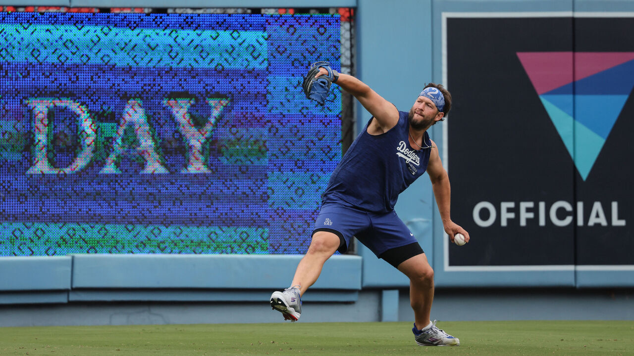 Los Angeles, CA, Sunday, June 2, 2024 - Dodgers pitcher Clayton Kershaw throws long toss while rehabbing from surgery before a game against the Colorado Rockies at Dodger Stadium. (Robert Gauthier/Los Angeles Times via Getty Images)