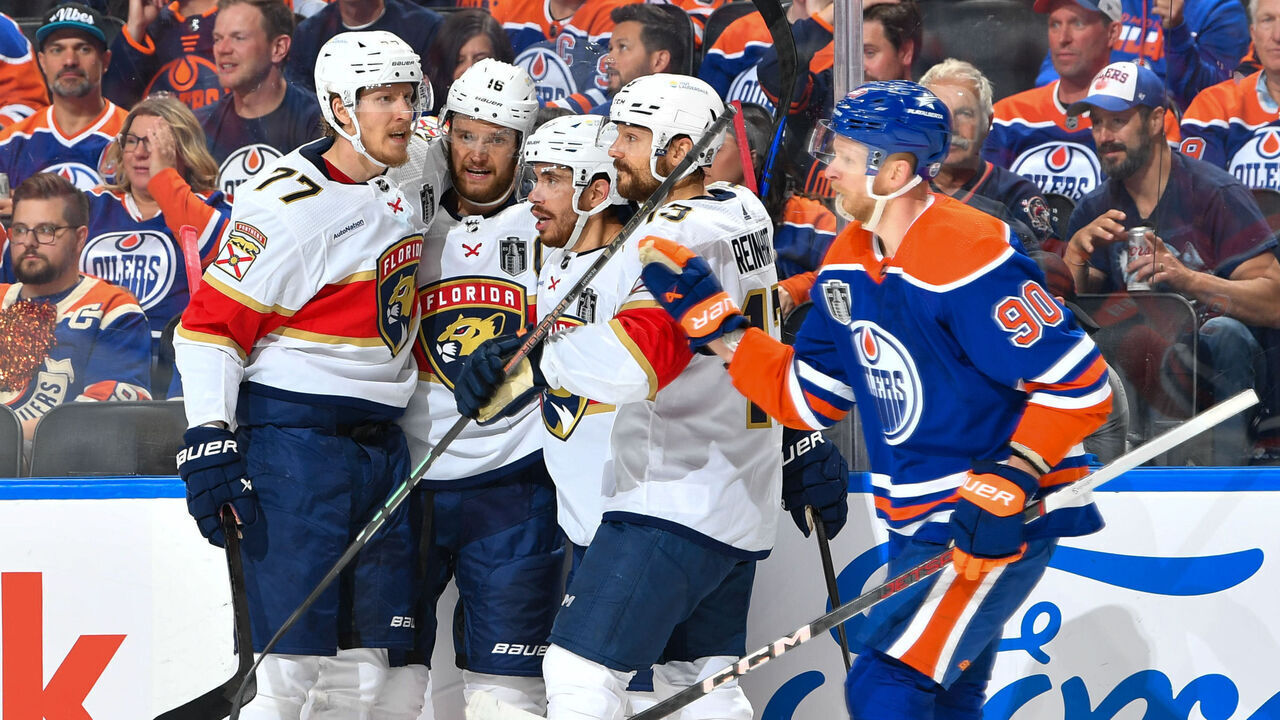 EDMONTON, CANADA - JUNE 13: Aleksander Barkov #16 of the Florida Panthers celebrates his second-period goal against the Edmonton Oilers with his teammates in Game Three of the 2024 Stanley Cup Final at Rogers Place on June 13, 2024, in Edmonton, Alberta, Canada.