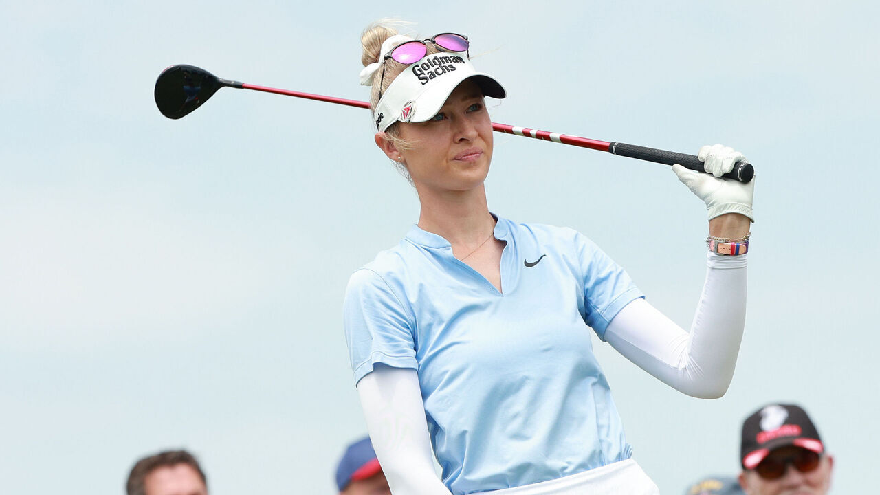 Nelly Korda of the United States tees off on the second hole during Day One of the Meijer LPGA Classic for Simply Give golf tournament at Blythefield Country Club in Belmont, MI, USA Thursday, June 13, 2024.