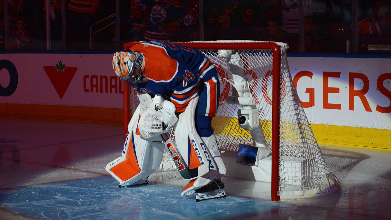 EDMONTON, CANADA - JUNE 13: Goaltender Stuart Skinner #74 of the Edmonton Oilers warms up before Game Three of the 2024 Stanley Cup Final against the Florida Panthers at Rogers Place on June 13, 2024, in Edmonton, Alberta, Canada.
