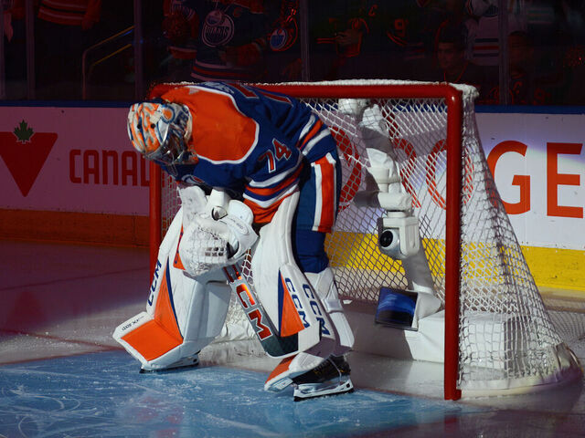 EDMONTON, CANADA - JUNE 13: Goaltender Stuart Skinner #74 of the Edmonton Oilers warms up before Game Three of the 2024 Stanley Cup Final against the Florida Panthers at Rogers Place on June 13, 2024, in Edmonton, Alberta, Canada.