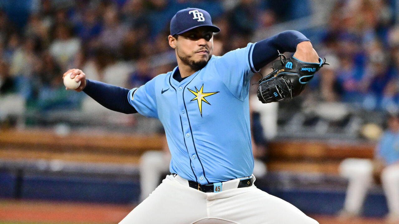 ST PETERSBURG, FLORIDA - JUNE 13: Taj Bradley #45 of the Tampa Bay Rays delivers a pitch to the Chicago Cubs in the first inning at Tropicana Field on June 13, 2024 in St Petersburg, Florida.