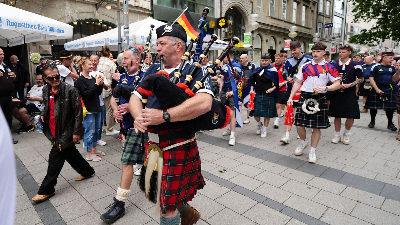 Scotland fans and pipers at Marienplatz square, Munich. Scotland will face Germany in the Euro 2024 opener later this evening. Picture date: Friday June 14, 2024.