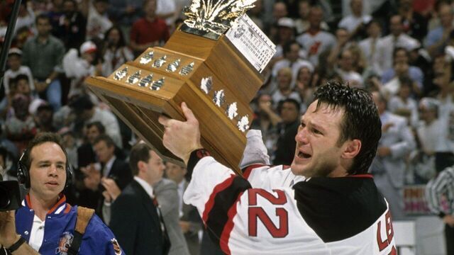 Hockey: NHL Finals: New Jersey Devils Claude Lemieux (22) victorious with Conn Smythe trophy after winning Game 4 and series vs Detroit Red Wings. East Rutherford, NJ 6/24/1995 CREDIT: David E. Klutho