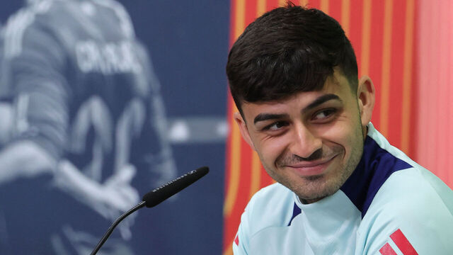 Spain's midfielder #20 Pedri holds a press conference following the training session of Spain's national football team ahead of the UEFA Euro 2024 football Championship at the team's base camp in Donaueschingen on June 13, 2024.