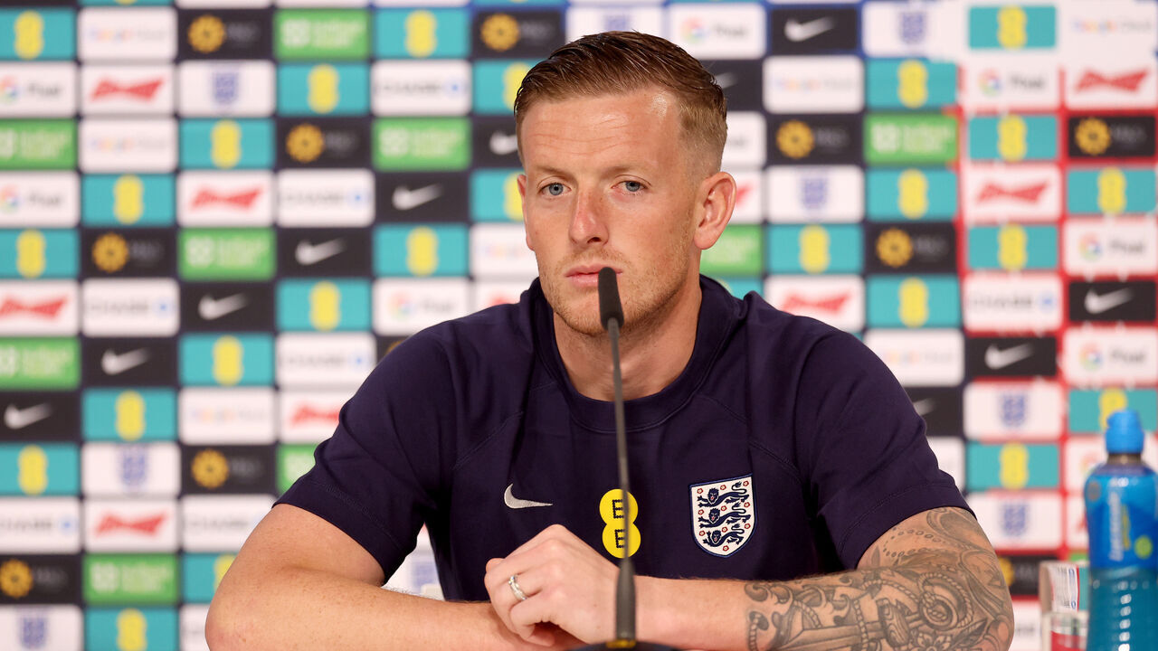 BLANKENHAIN, GERMANY - JUNE 14: Jordan Pickford of England talks to the media during a press conference at Spa & Golf Resort Weimarer Land on June 14, 2024 in Blankenhain, Germany.