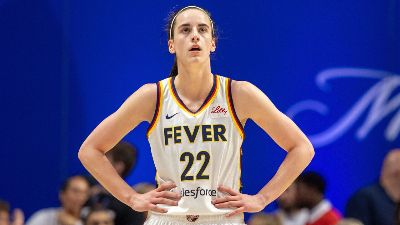 UNCASVILLE, CT - JUNE 10: Indiana Fever guard Caitlin Clark (22) looks on during a WNBA Commissioner's Cup game between the Indiana Fever and the Connecticut Sun on June 10, 2024, at Mohegan Sun Arena in Uncasville, CT.