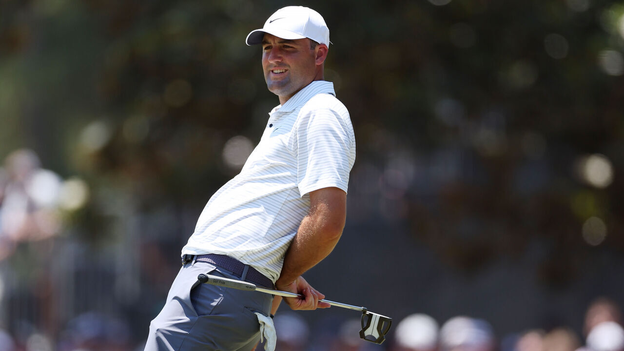 PINEHURST, NORTH CAROLINA - JUNE 14: Scottie Scheffler of the United States reacts after a putt on the seventh green during the second round of the 124th U.S. Open at Pinehurst Resort on June 14, 2024 in Pinehurst, North Carolina.