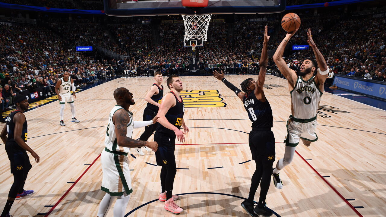 DENVER, CO - MARCH 7: Jayson Tatum #0 of the Boston Celtics drives to the basket during the game against the Denver Nuggets on March 7, 2024 at the Ball Arena in Denver, Colorado. NOTE TO USER: User expressly acknowledges and agrees that, by downloading and/or using this Photograph, user is consenting to the terms and conditions of the Getty Images License Agreement. Mandatory Copyright Notice: Copyright 2024 NBAE
