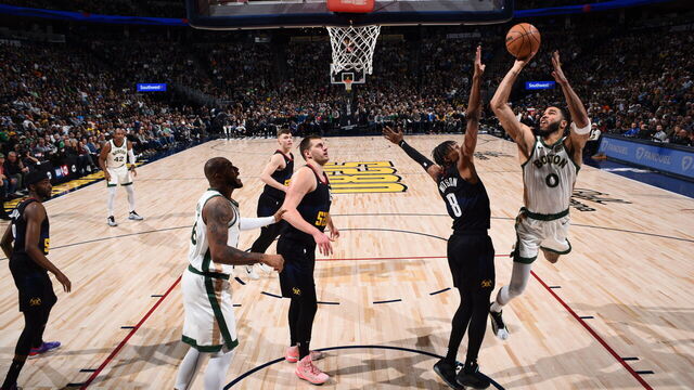 DENVER, CO - MARCH 7: Jayson Tatum #0 of the Boston Celtics drives to the basket during the game against the Denver Nuggets on March 7, 2024 at the Ball Arena in Denver, Colorado. NOTE TO USER: User expressly acknowledges and agrees that, by downloading and/or using this Photograph, user is consenting to the terms and conditions of the Getty Images License Agreement. Mandatory Copyright Notice: Copyright 2024 NBAE