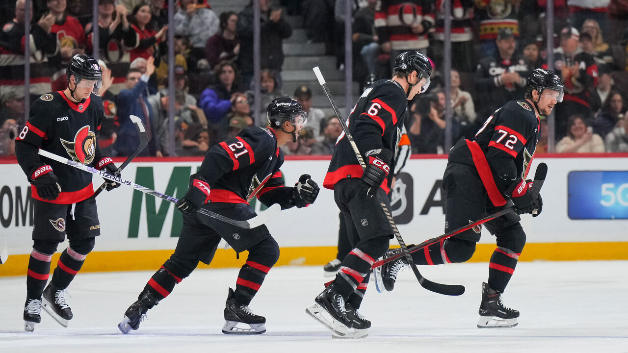 OTTAWA, CANADA - FEBRUARY 24: Thomas Chabot #72 of the Ottawa Senators celebrates his second period goal against the Vegas Golden Knights with teammates Mathieu Joseph #21 and Jakob Chychrun #6 at Canadian Tire Centre on February 24, 2024 in Ottawa, Ontario, Canada.
