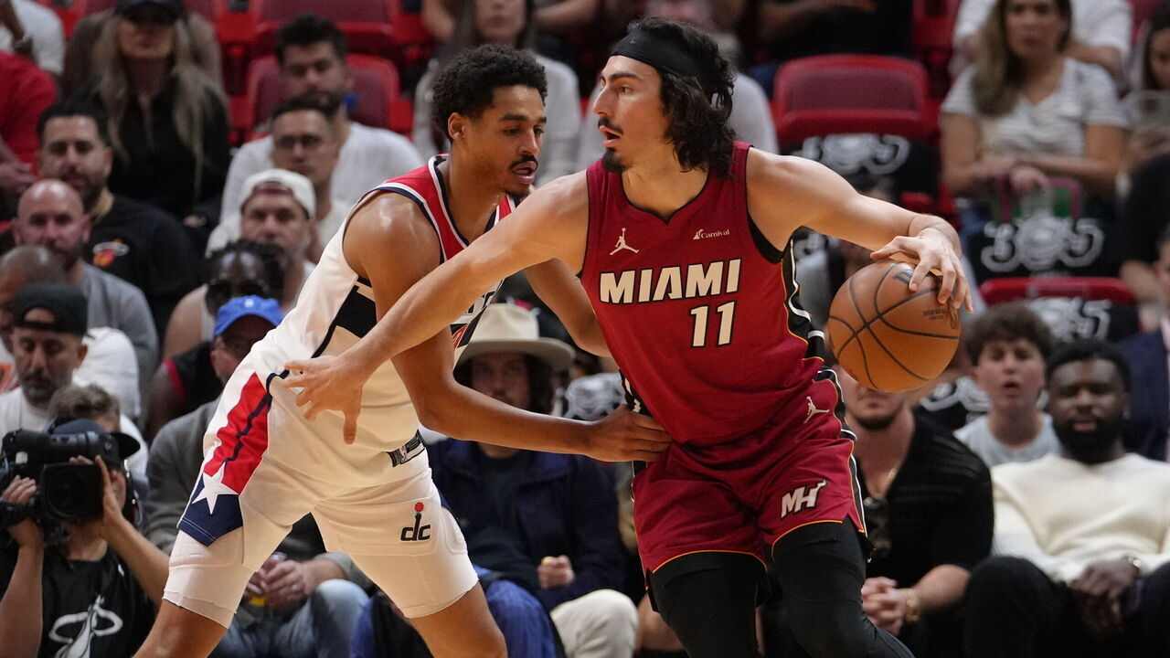 MIAMI, FL - MARCH 10: Jaime Jaquez Jr. #11 of the Miami Heat handles the ball during the game against the Washington Wizards on March 10, 2024 at Kaseya Center in Miami, Florida. Mandatory Copyright Notice: Copyright 2024 NBAE