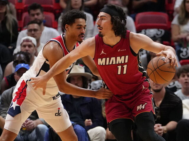 MIAMI, FL - MARCH 10: Jaime Jaquez Jr. #11 of the Miami Heat handles the ball during the game against the Washington Wizards on March 10, 2024 at Kaseya Center in Miami, Florida. Mandatory Copyright Notice: Copyright 2024 NBAE