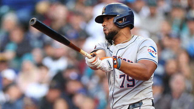 SEATTLE, WASHINGTON - MAY 28: José Abreu #79 of the Houston Astros at bat against the Seattle Mariners at T-Mobile Park on May 28, 2024 in Seattle, Washington.